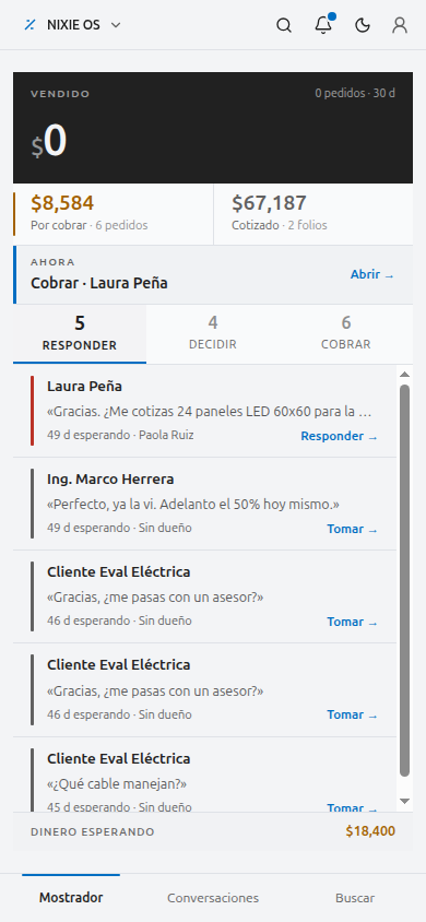 Panel de operación de Nixie en un teléfono, con las pestañas Responder, Decidir y Cobrar.